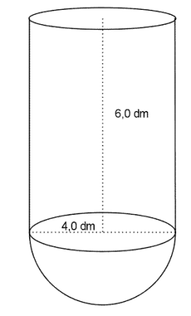 Figuren består av en sylinder med en halvkule festet på i bunnen av sylinderen (halvkula vender nedover). Diameteren i sylinderen/halvkula er 4,0 dm, og høyden i sylinderen er på 6,0 dm.